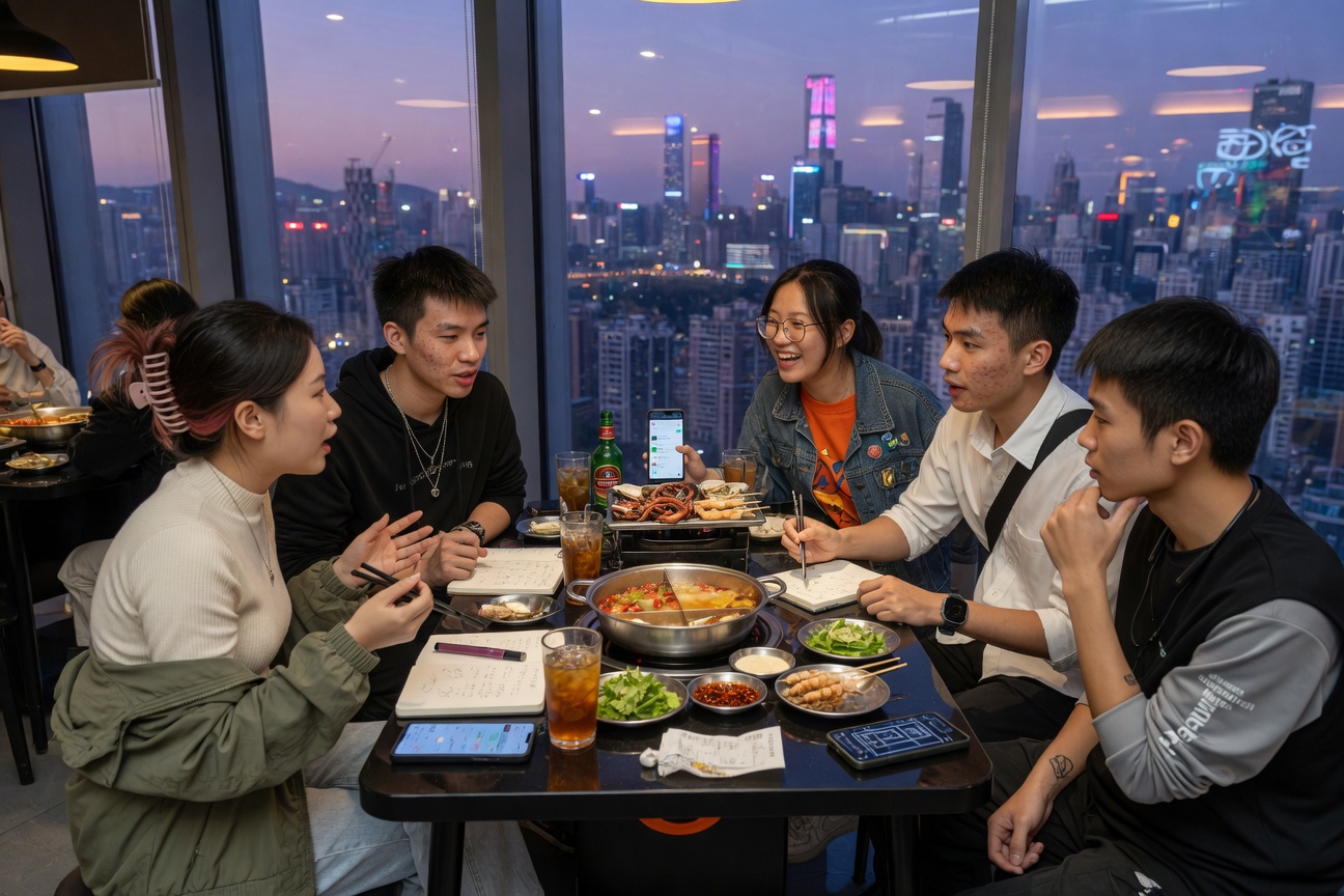 深圳现代小桌科技饭局 玻璃幕墙城市夜景 自然真实氛围